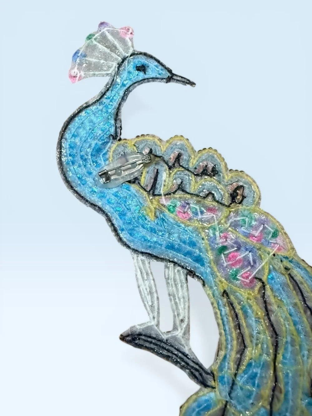 Vintage Turquoise Peacock Sequin & Beaded Appliqué Brooch - Picture 4 of 7